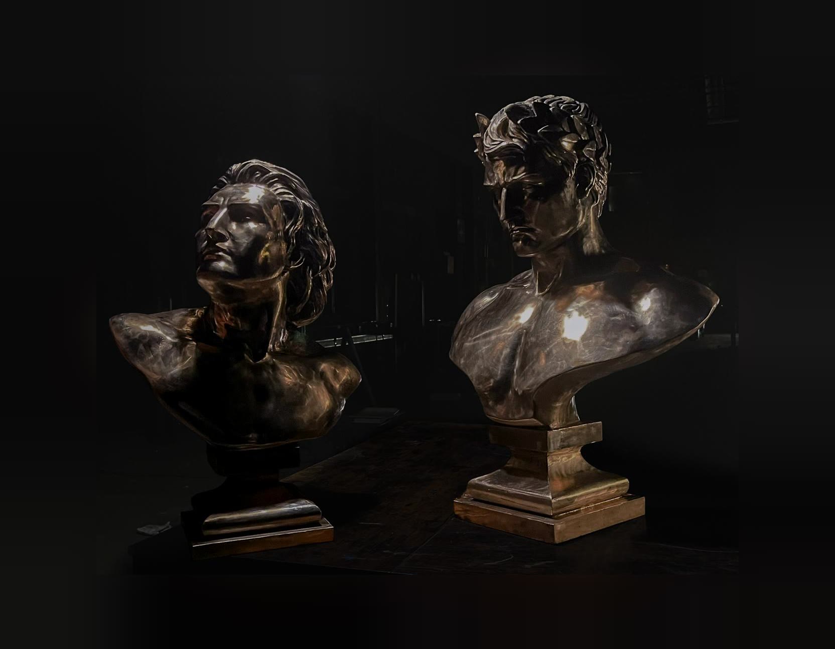 Bronze busts of Napoleon and Prometheus in the atelier